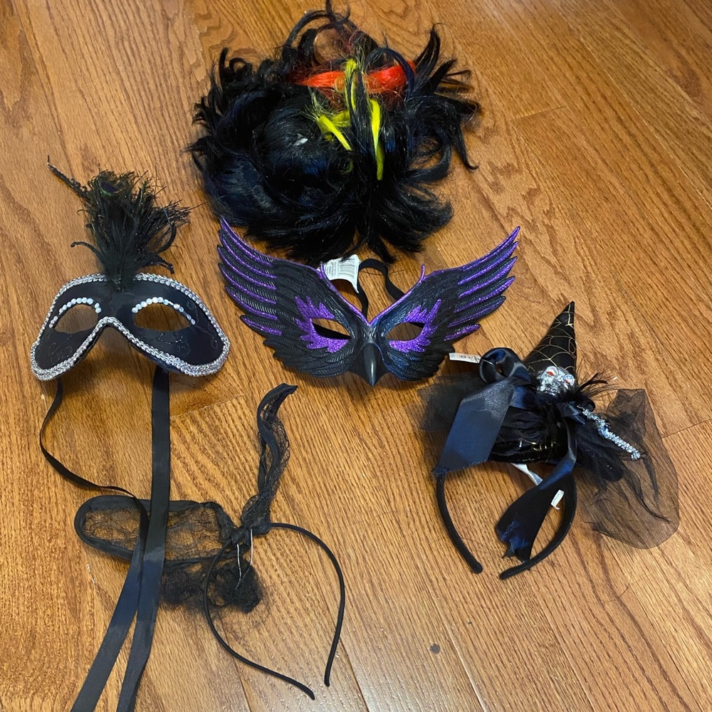 Mini headband Witch hat, face eye masks (bridgerton style), black bunny ears,wig